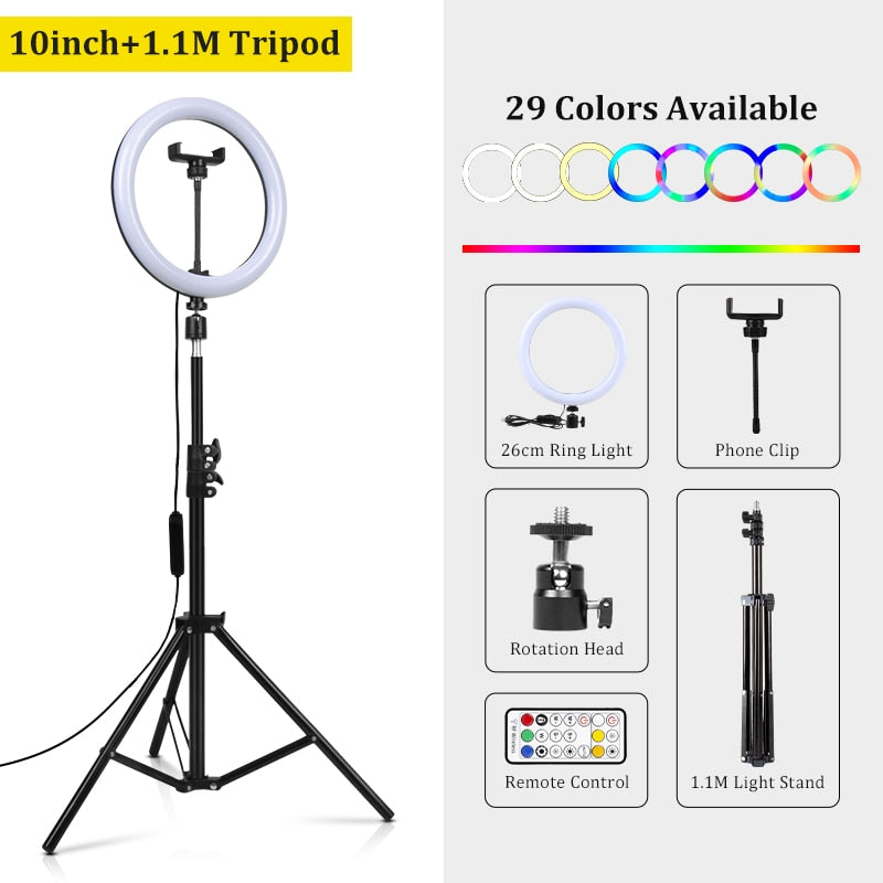 Anillo de luz Led RGB con soporte, iluminación colorida, 29 colores, 3 modos normales, Selfie regulable, anillo de luz de 10 pulgadas para vídeo de Youtube