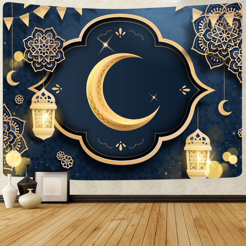 Simsant Ramadan Kareem Tapisserie Moon Star Eid Mubarak Religion Festival Wandbehang Tapisserien für Wohnzimmer Schlafzimmer Dekor