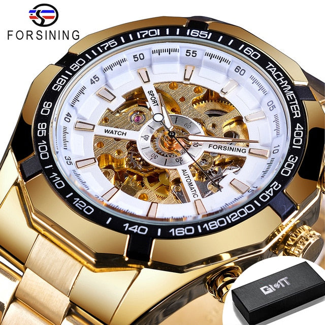 Forsining 2021 Stainless Steel Waterproof Mens Skeleton Watches Top Brand Luxury Transparent Mechanical Sport Male Wrist Watches