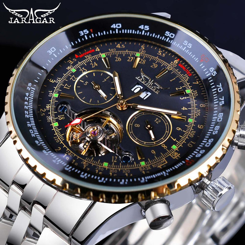 Jaragar 2017 Flying Series Golden Bezel Scale Dial Design Stainless Steel Mens Watch Top Brand Luxury Automatic Mechanical Watch