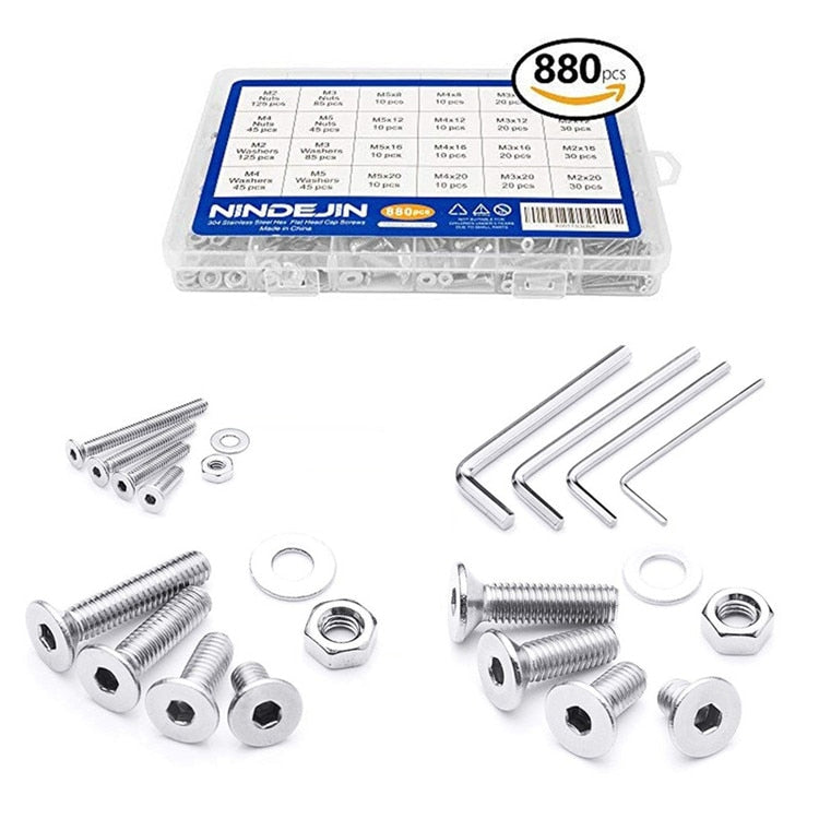 NINDEJIN 580/880pcs Hex Hexagon Socket Screw Assortment Kit M2 M3 M4 M5 Stainless Steel Flat Round Cap Head Bolt and Nut Set