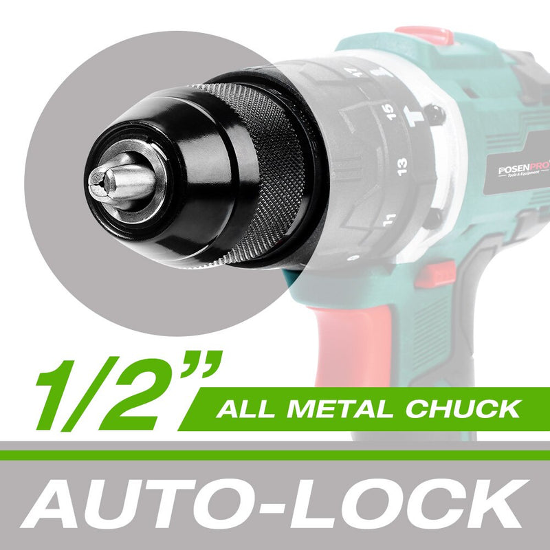 Electric Drill Brushless Cordless Drill 20V 1/2'' All Metal Chuck Cordless Drill Driver Battery 13MM Drill Keyless POSENPRO