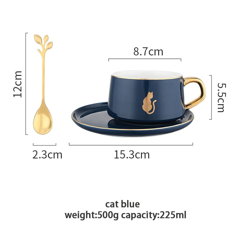 MDZF SWEETHOME 225 ml Tierische Kaffeetasse im nordischen Stil mit Tellerlöffel Goldgriff Frühstücksmilchsaftbecher Geschenk zum Geburtstag