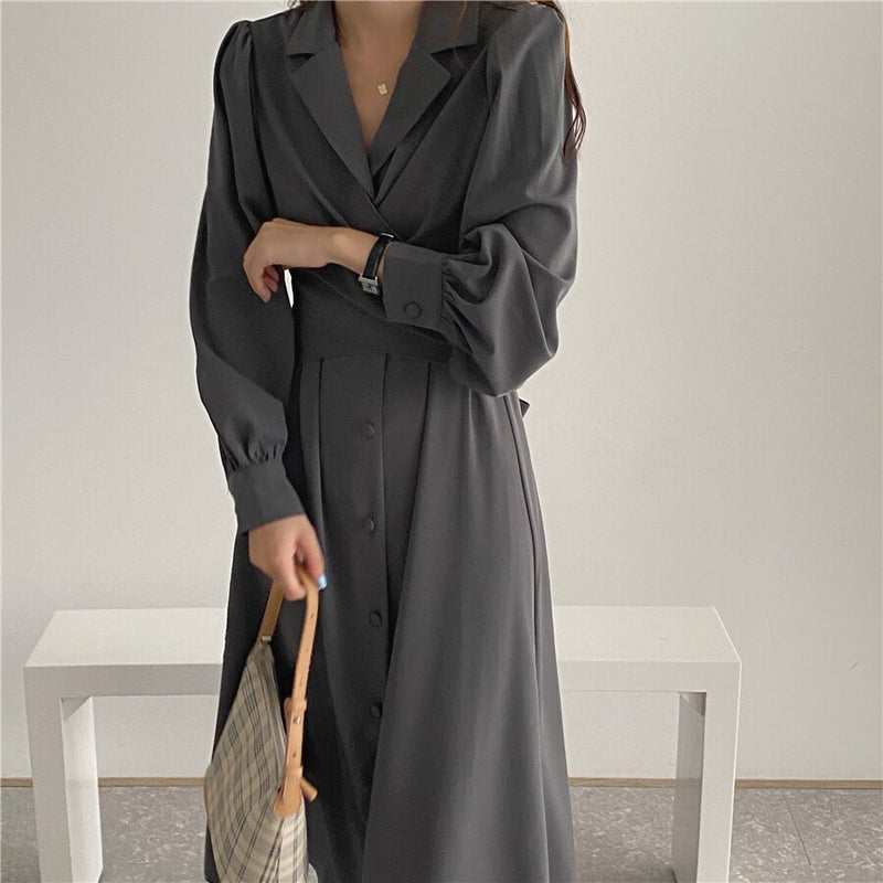 HziriP Notched Single Breasted Women Suit Dress New Minimalist Autumn Dress Elegant OL Long Sleeve Solid Long Dresses Vestidos