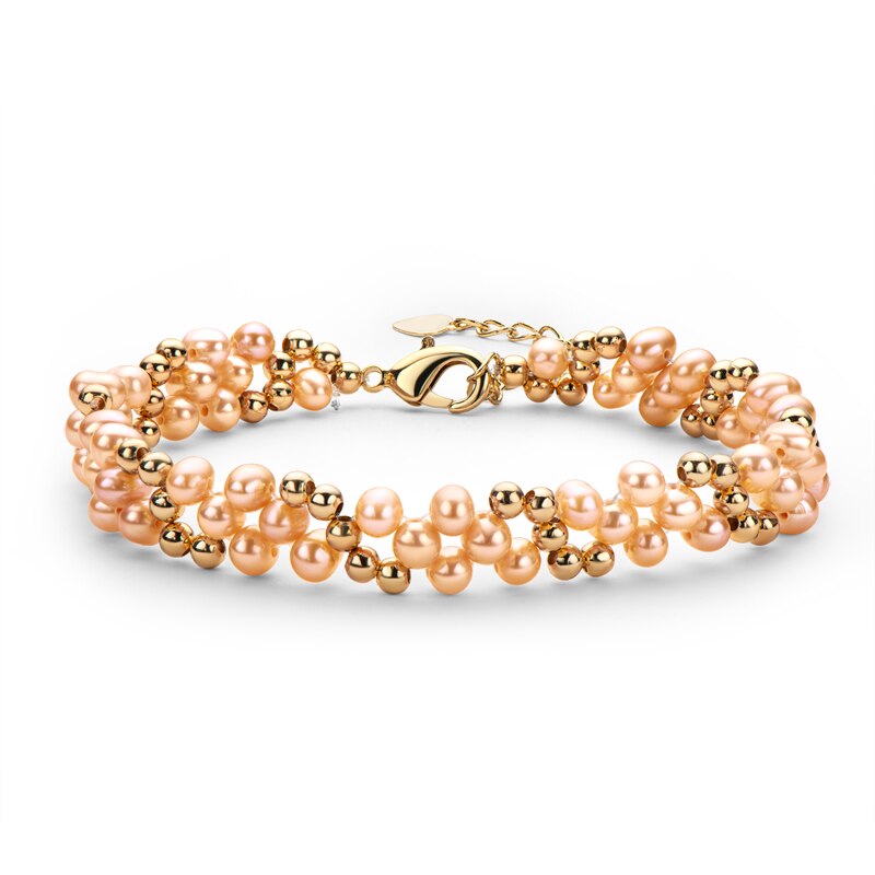 Lnngy, pulsera multicapa con relleno de oro de 14 quilates, pulsera de moda trenzada con perla ovalada de agua dulce Natural de 4-5mm, brazalete para mujer, joyería