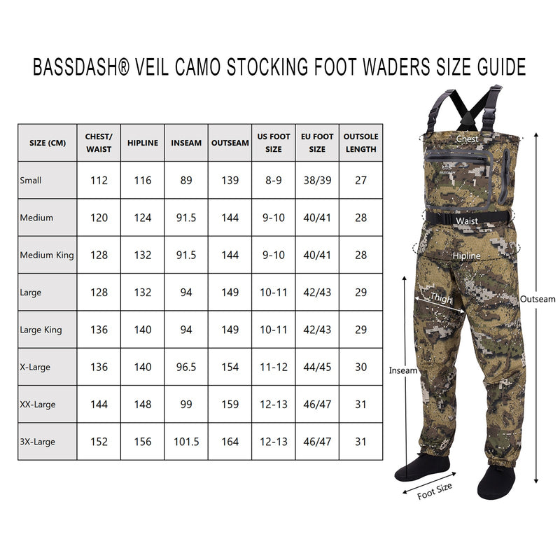 Bassdash Veil Camo Chest Stocking Foot and Boot Foot Pesca Caza Waders para hombres Transpirable y ultraligero en 13 tamaños