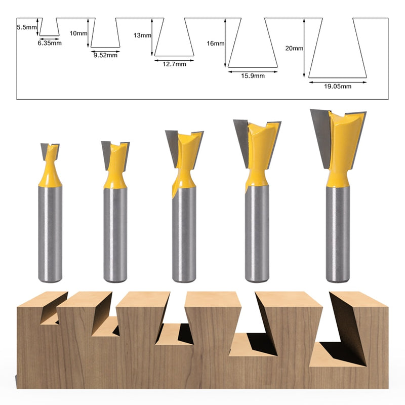 5 Stück 8 mm Schaft Schwalbenschwanzverbindung Fräser Set 14 Grad Holzbearbeitung Gravur Bit Fräser für Holz