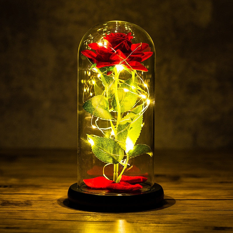 LED Enchanted Galaxy Rose Eternal 24K Gold Foil Flower with String Lights In Dome for Home Decor Christmas Valentine&