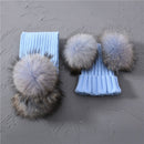 Winter Real Fur Scarf and Hat Set Kids Big Real Raccoon Fur Balls Hat Double Fur Pom Pom Beanies Children Girls Warm  Scarf Cap