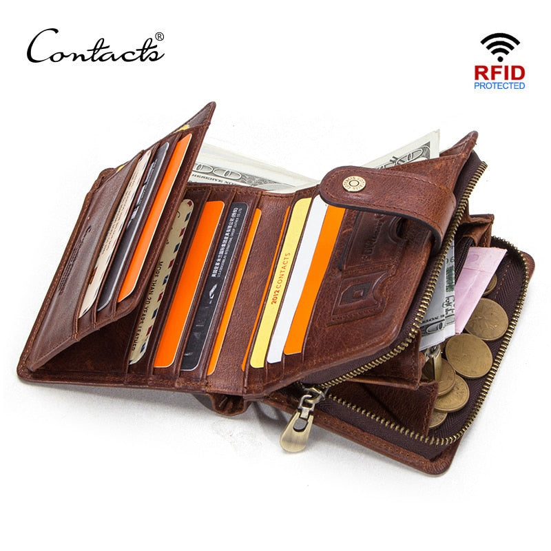 Cartera Vintage RFID de cuero genuino para hombre con monedero, carteras cortas, cartera pequeña con cremallera y tarjeteros, monedero para hombre