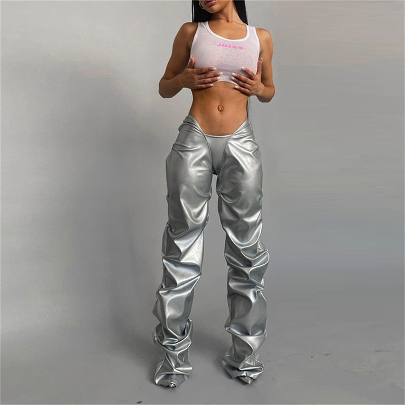 Solid Faux PU Leather Shiny Women Pants Hipster  High Street Irregular Shape Folds Clothing Elastic Waist Female Streetwear