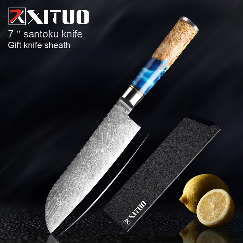 XITUO Küchenmesser-Set Damaskus-Stahl Kochmesser Cleaver Schälwerkzeug Allzweck-Brotmesser Kochwerkzeug Blauer Harzgriff 1-6 Teile/Set