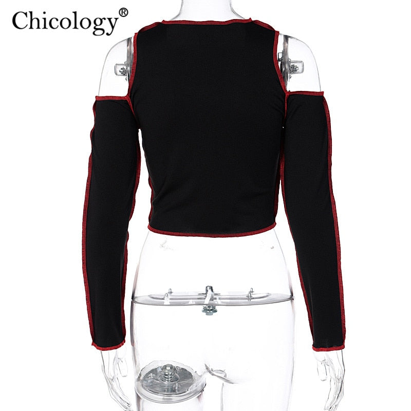 Chicology Goth aushöhlen Mode T-Shirt Frauen Langarm Crop Top T-Shirt 2020 Winter Herbst Kleidung Punk Streetwear Gothic Tee
