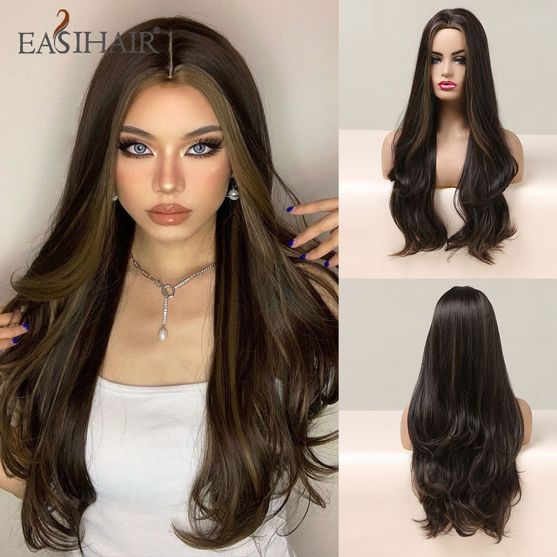 Pelucas EASIHAIR de color marrón claro con ondas de cuerpo largo y reflejos rubios, pelucas de pelo sintético resistentes al calor para Cosplay de parte media para mujeres