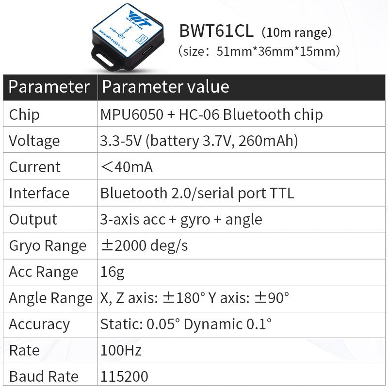 BWT61CL Hochpräziser Bluetooth-Beschleunigungsmesser + Gyroskop + Winkel (XYZ, 100 Hz), 6-Achsen-MPU6050-AHRS-Neigungsmesser, Unterstützung für PC/Android