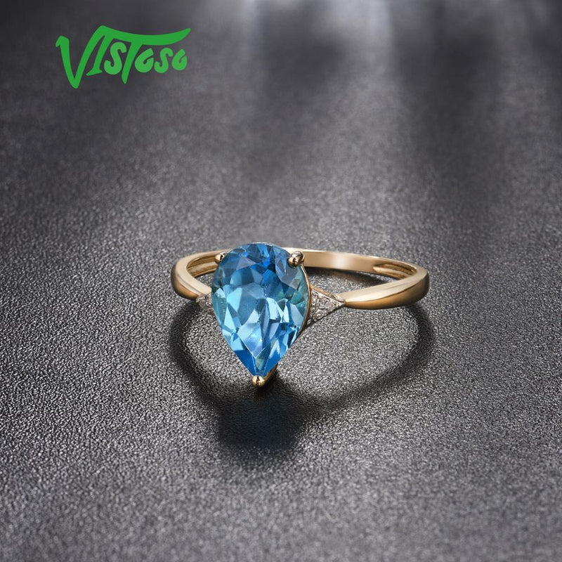 VISTOSO Ring aus reinem 14 Karat 585 Gelbgold für Damen, funkelnder Diamant, klarer blauer Topas, Jahrestag, klassischer feiner Schmuck