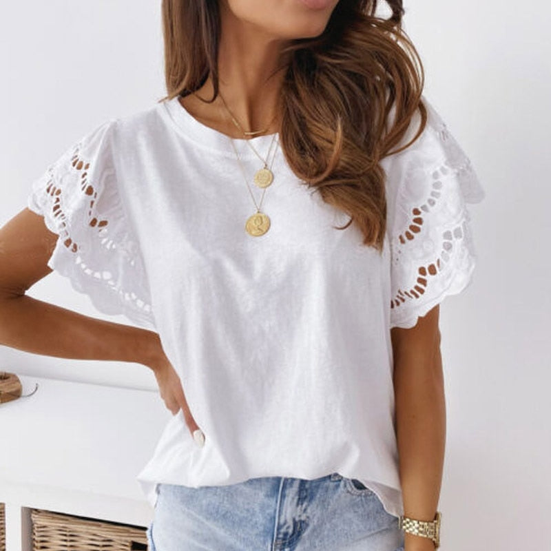 Summer Women Hollow Out Stitching T-Shirt Casual O-Neck Ruffle Short Sleeve Top Elegant White Black 2022 Women&
