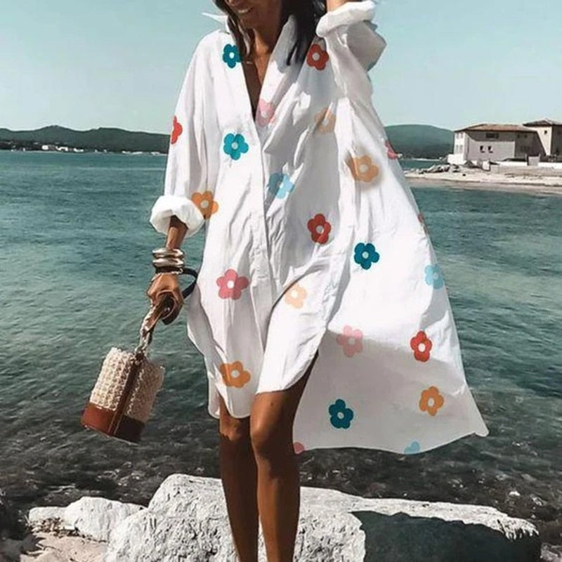 2021 Summer Women Dresses Turn-down Collar Print Casual Long Sleeve Shirt Dress Oversized Loose Beach Party Vestidos Robe Blouse