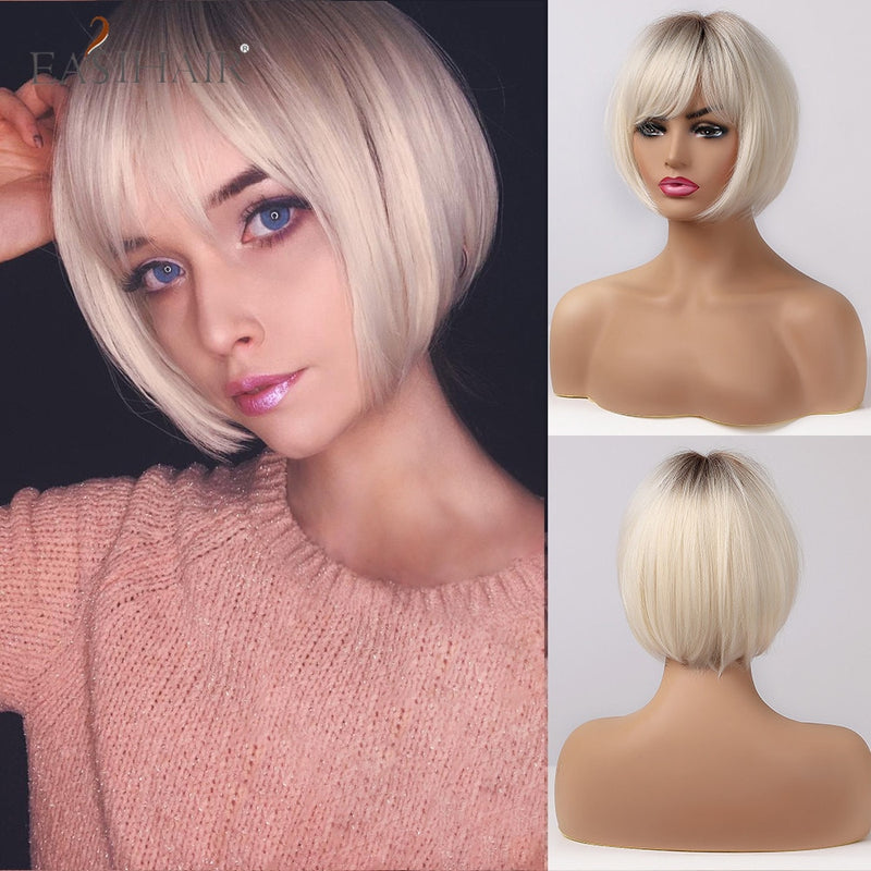 EASIHAIR marrón oscuro corto BoBo pelucas con flequillo resistente al calor pelucas de pelo sintético Cosplay Lolita pelucas femeninas para mujeres