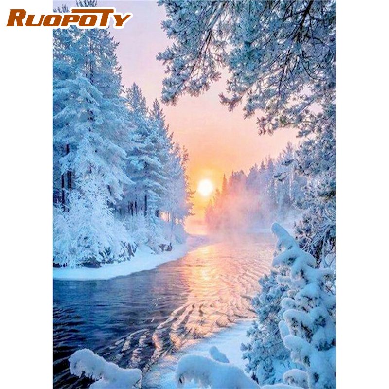 RUOPOTY Flying Snowflakes Landscape Painting By Numbers Kits For Kids Diy Paints Framed Unique Gift For Bedroom Wall Decor Arts