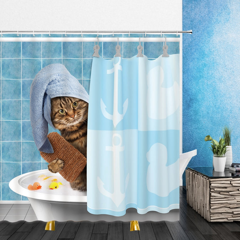 Cortinas de ducha de animales divertidos, decoración de baño para el hogar con Gato bonito, juego de cortinas colgantes de tela de baño de poliéster con ganchos