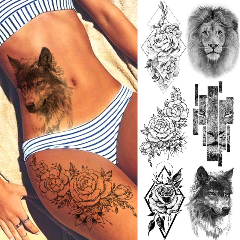 Pegatinas de tatuaje temporal de estilo veraniego, pluma de flor rosa para mujer, tatuajes falsos para hombre, tatuajes artísticos para brazo corporal, Lobo Tribal, León, Henna