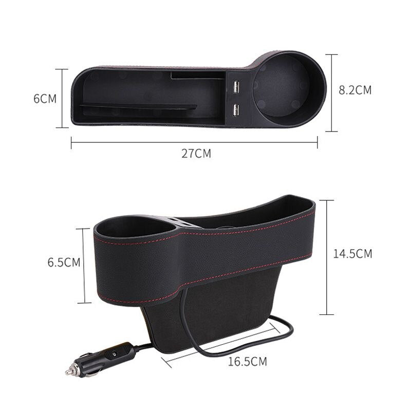 Organizador para espacio de asiento de coche, caja de almacenamiento de cuero PU, portavasos, bolsa de almacenamiento de bolsillo con abertura lateral para asiento de coche con puertos de cargador USB duales