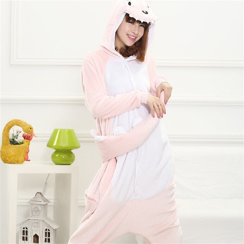 Flannel Dinosaur Kigurumi Pajama Women Male Winter Homewear Girl Onesie Flannel Animal Cosplay Costume Party Jumpsuit Adult Warm