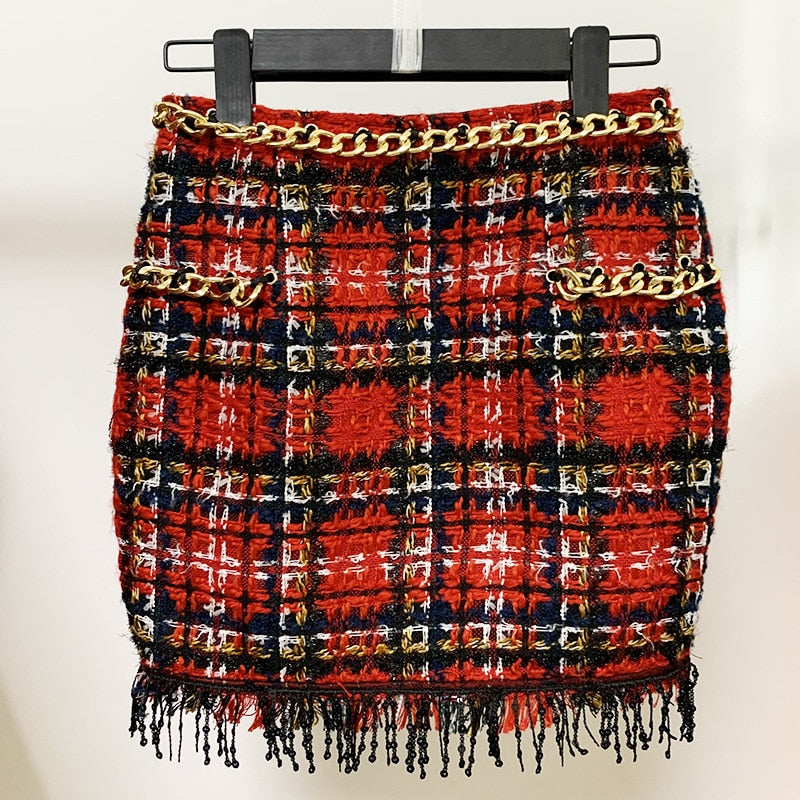 Red Plaid Tweed Skirt Spring Autumn 2021 New Chain Tassel New Designer Gold Lion Button Pencil Mini Women&