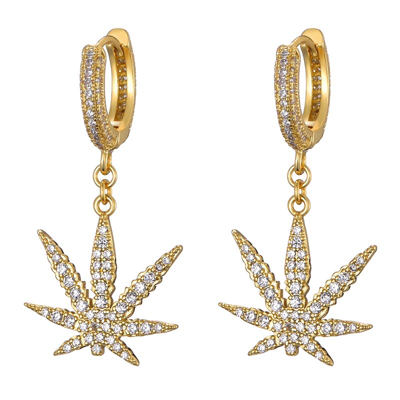 Hip Hop 1Pair Iced Zircon Maple leaf Earring Micro Paved AAA+ Bling CZ Stone Earrings For Men Women Jewelry