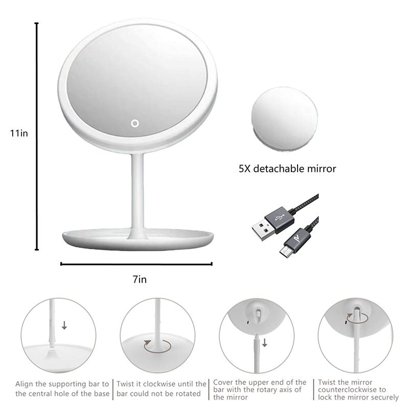 Espejo de maquillaje LED con lámpara de luz con almacenamiento de escritorio espejo cosmético giratorio luz de atenuación ajustable espejo de tocador USB