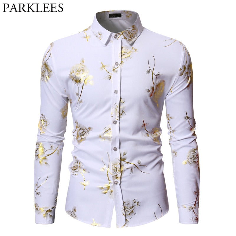 Herren Gold Rose Blumendruck Hemden Marke Floral Steampunk Chemise Weiß Langarm Hochzeit Party Bronzing Camisa Masculina