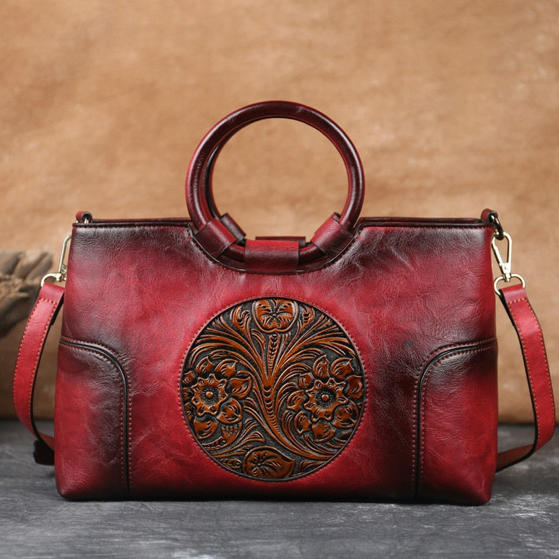 Johnature High Quality Leather Women Bag 2022 New Retro Handmade Embossed Shoulder Bags Large Capacity Female Messenger Bag