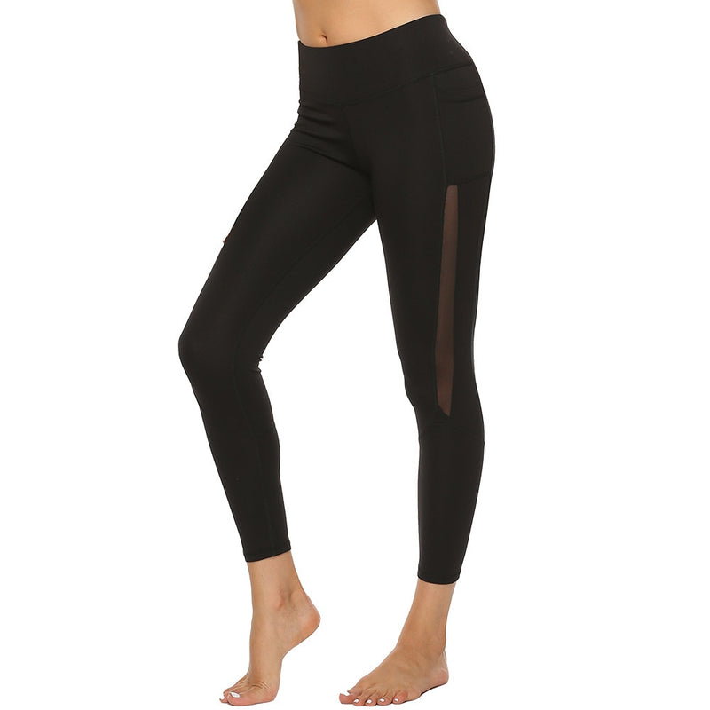 Entrenamiento de cintura alta Legging de yoga negro Empalme de malla Ver a través de Fitness Leggings Medias Deporte Sudor Pantalones de yoga para mujeres