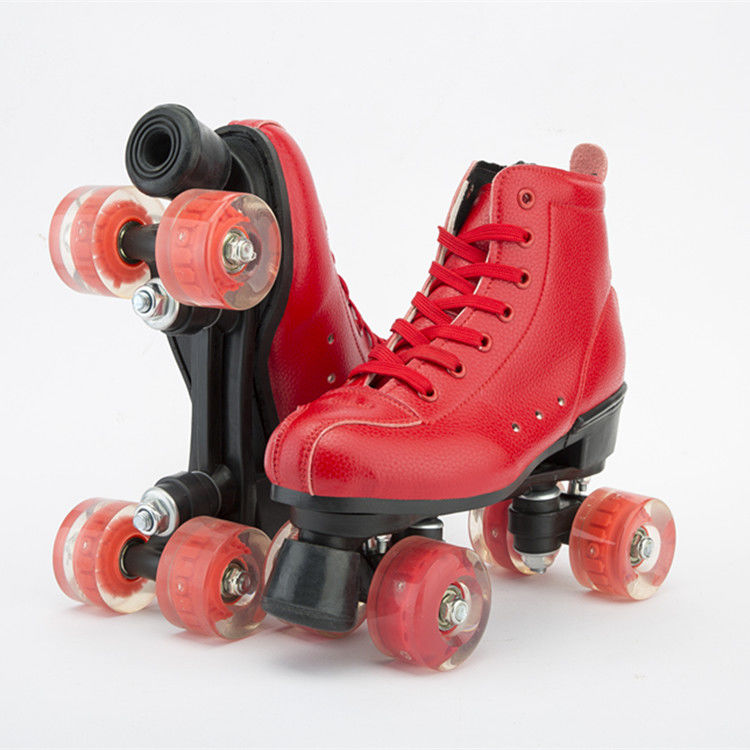 Zapatos de Patines de doble fila de cuero Artificial rojo para mujer y hombre, zapatos de Patines de 4 ruedas para deportes al aire libre