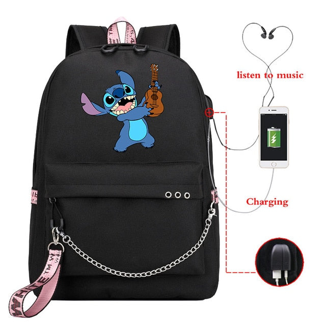 Disney Kawaii Stitch Bag Zipper USB Charging Mochila Capacity Backpack Women Kpop School Bags for Teenage Girls Students