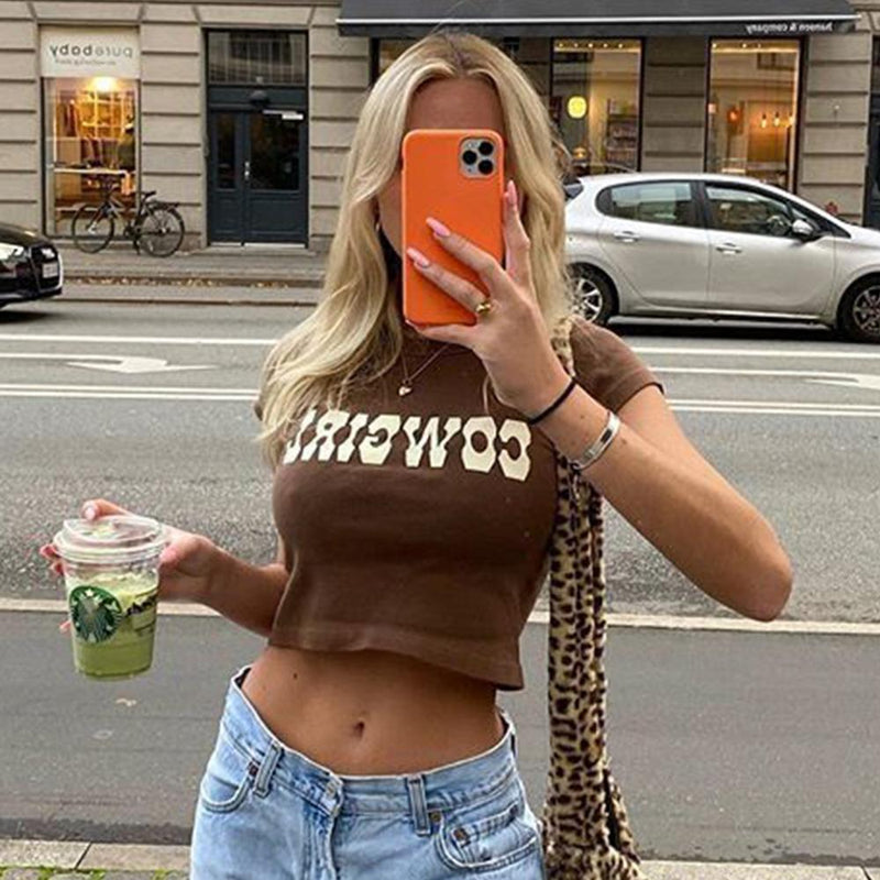 Vintage Letter Print Sexy Crop Tops Women Casual Short Sleeve Cotton Pullover Tees Summer Slim Streetwear T-shirt Woman 2021