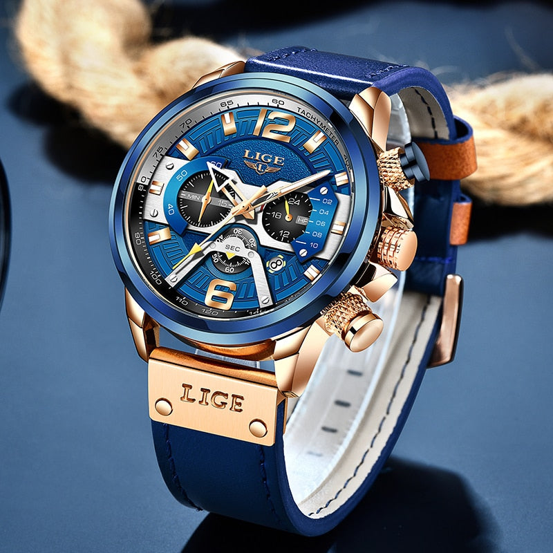 2022 LIGE, relojes para Hombre, marca superior, Reloj deportivo con cronógrafo de cuero azul de lujo para Hombre, Reloj resistente al agua con fecha a la moda, Reloj para Hombre