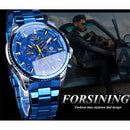 Forsining reloj automático para hombre banda de acero azul calendario 3 Sub Dial reloj de pulsera mecánico resistente al agua reloj Masculino Relogio Masculino