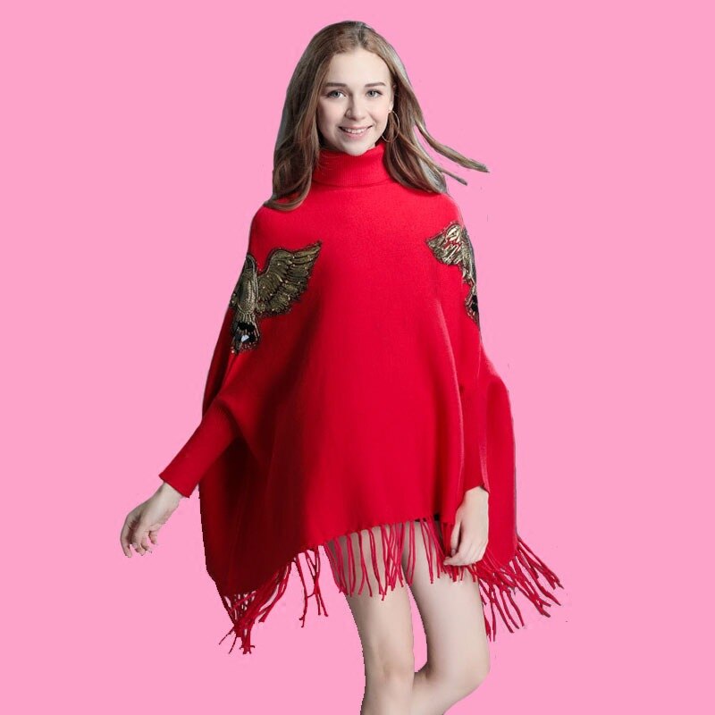 Bat Sleeve Turtleneck Knitted Sweater Poncho Female Fashion Embroidery Tassel Mid-length Sweater Poncho Pullover Women Spring
