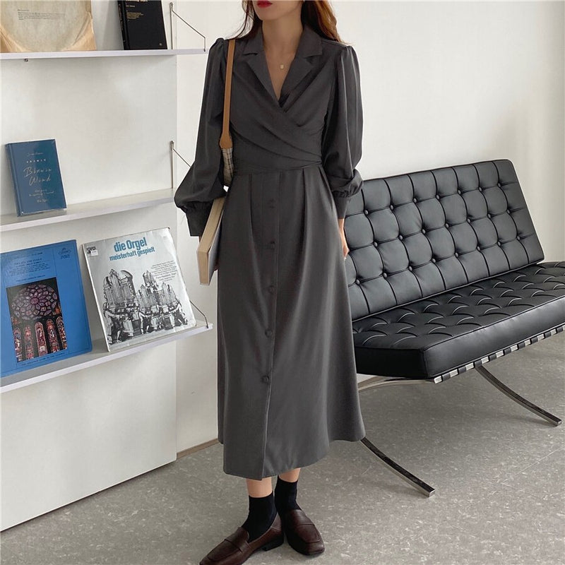 HziriP Notched Single Breasted Women Suit Dress New Minimalist Autumn Dress Elegant OL Long Sleeve Solid Long Dresses Vestidos