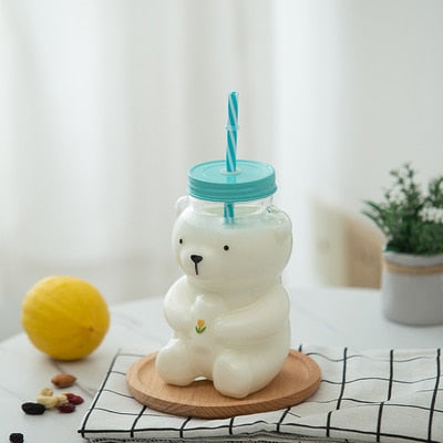 550ml Cute Cartoon Bear Sippy Cup Creative Heat Resistant Glass Water Bottle With Straw Juice Milk Kids Clear Drinking Bottles