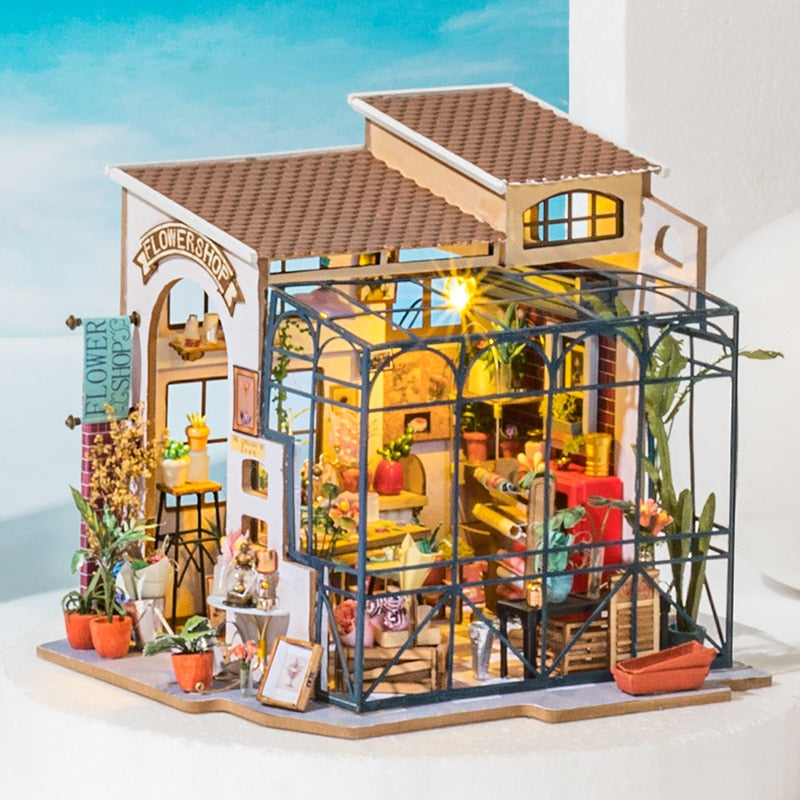 Robotime Rolife DIY Emily's Flower Shop Puppenhaus mit Möbeln Kinder Erwachsene Miniatur Puppenhaus Holzbausätze Spielzeug DG145