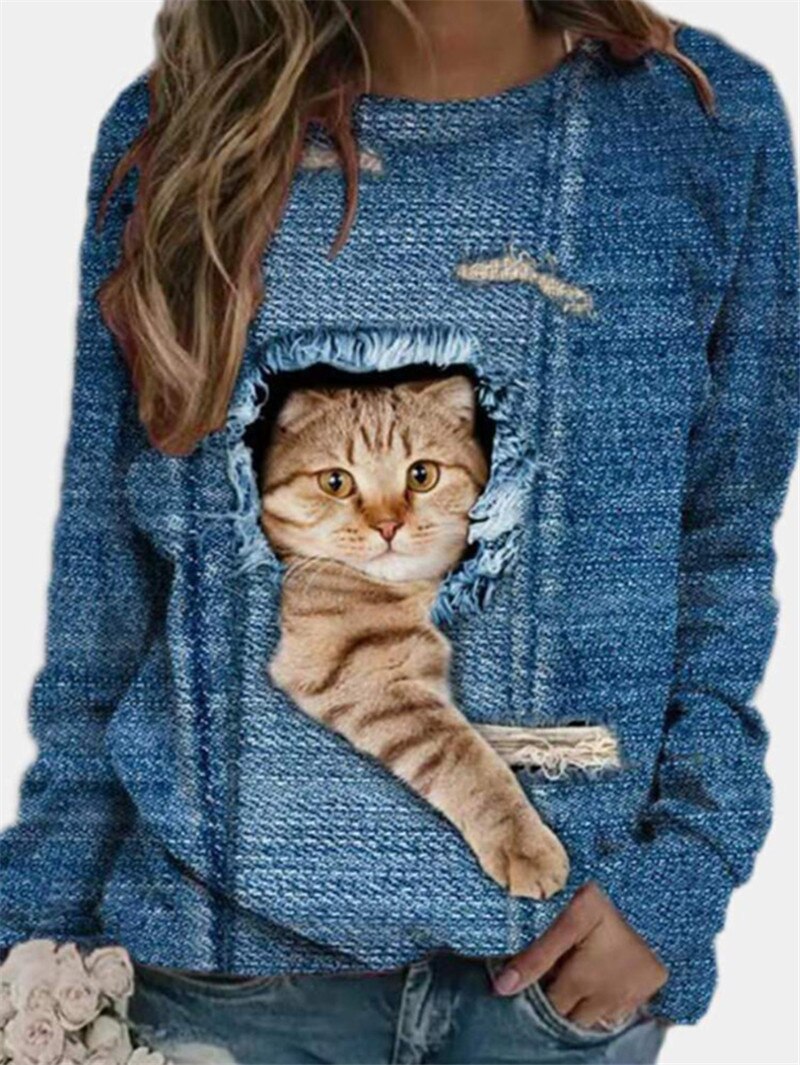 Jerséis informales con estampado 3D de gato bonito y divertido, ropa de mujer, sudaderas de primavera y otoño, camisetas de manga larga, ropa de mujer, Tops de moda