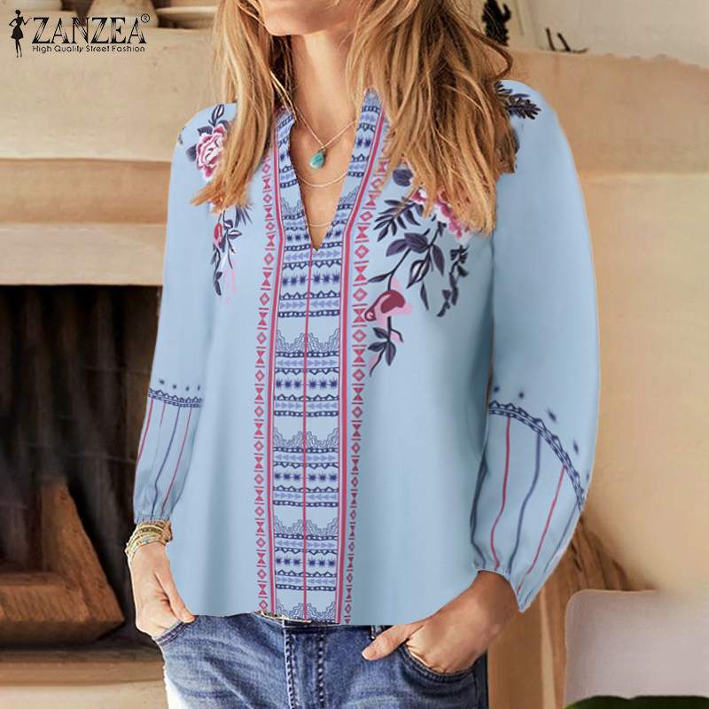 ZANZEA 2022 Fashion Printed Tops Women's Autumn Blouse Bohemian V Neck Long Sleeve Shirts Female Casual Loose Blusas Oversized