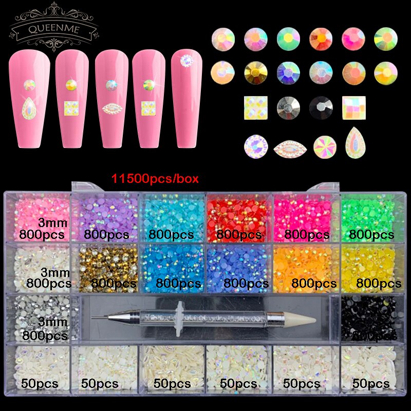 21 Grids Crystals Diamonds Nail Strasssteine ​​Set 3100pcs FlatBack Strasssteine ​​Kit funkelnde Nail Art mit 1 Stift für Dekorationen