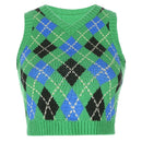 Sweetown Argyle Plaid Knitted Tank Top Female Knitwear Preppy Style Clothes V Neck Casual Crop Sweater Vest 90s Streetwear