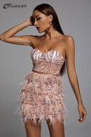 High Quality Celebrity Fashion Pink Feather Bodycon Cute Strapless Dress Evening Party Dress Vestidos