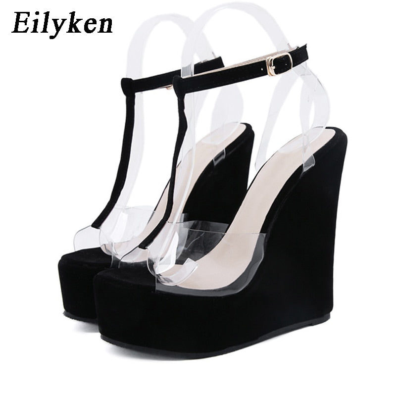 Eilyken, nuevo diseño, sandalias con correa de hebilla en el tobillo, cuñas de plataforma para mujer, tacones altos, zapatos de gelatina transparente de PVC con punta abierta de verano