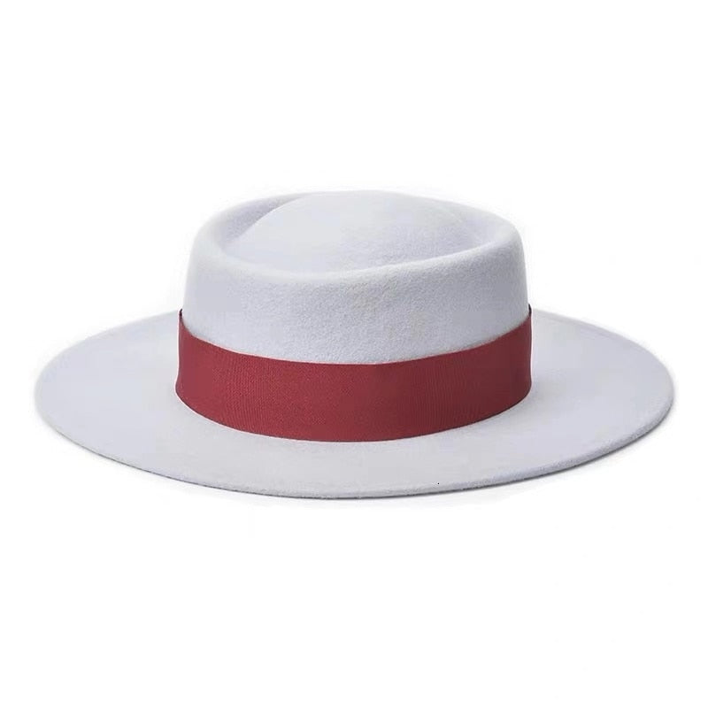 VRIGINER Hochwertiger Herbst-Winter-Fedora-Hut für Damen, Mode, große Frauen, 100 % Wollhut, flacher Damenhut mit breiter Krempe für den Winter